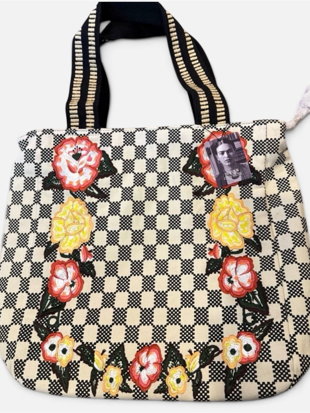 Wyeth x Frida Kahlo Martina Floral Embroidered Checkerboard Tote Bag NWT